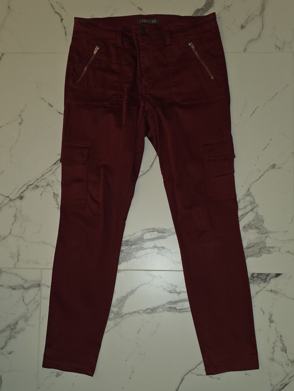 Level 99 Women's Skinny Cargo Pants in Burgundy